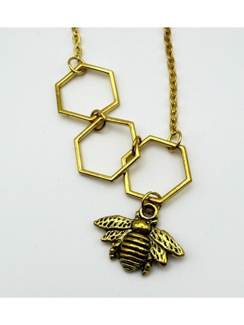 Gold Tone Honeycomb Bee Necklace Pendant Hexagon Summer Nature Honeybee